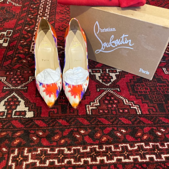 CHRISTIAN LOUBOUTIN Multicolor Print Satin Decollete 554 100 Pumps Heels 37.5 - Picture 3 of 7